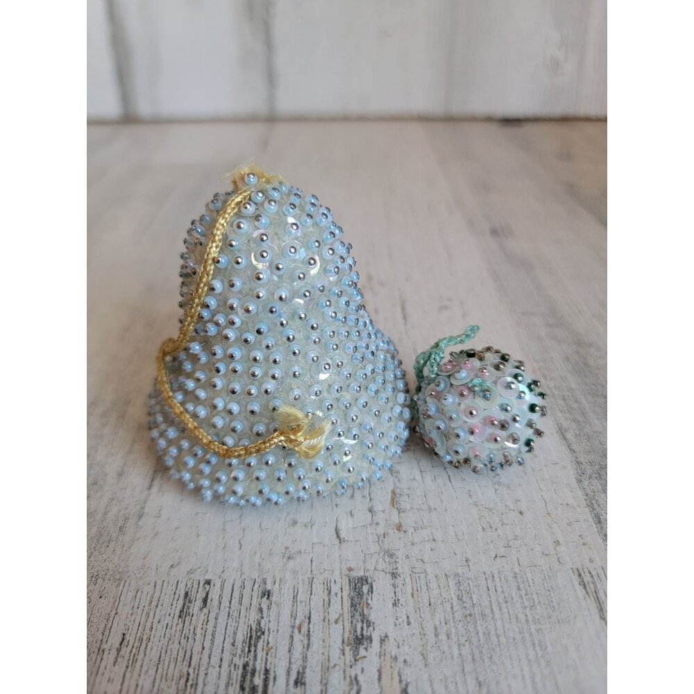 Vintage light blue beaded bell mini ball ornament Xmas set